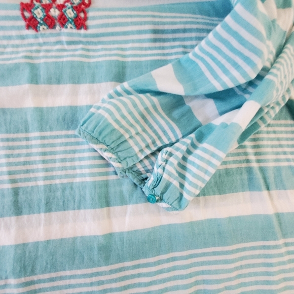 Talbots Woman Beaded Striped Top Size 2X Blue White Cotton Boho Popover Coastal - Picture 4 of 12